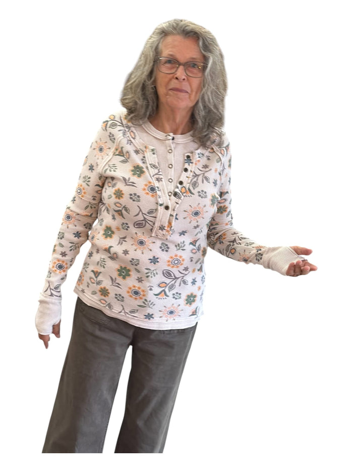 Floral Mineral Wash Double Layer Henley Top, Blush Easel Top