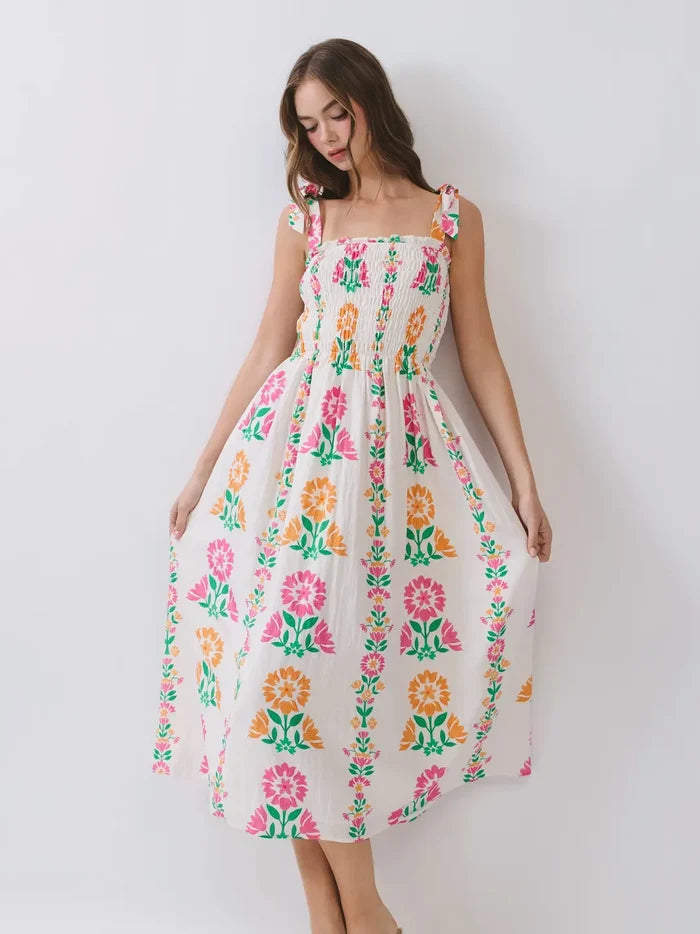 Floral Print Smocked Bodice Tie Strap Midi Dress Final Sale