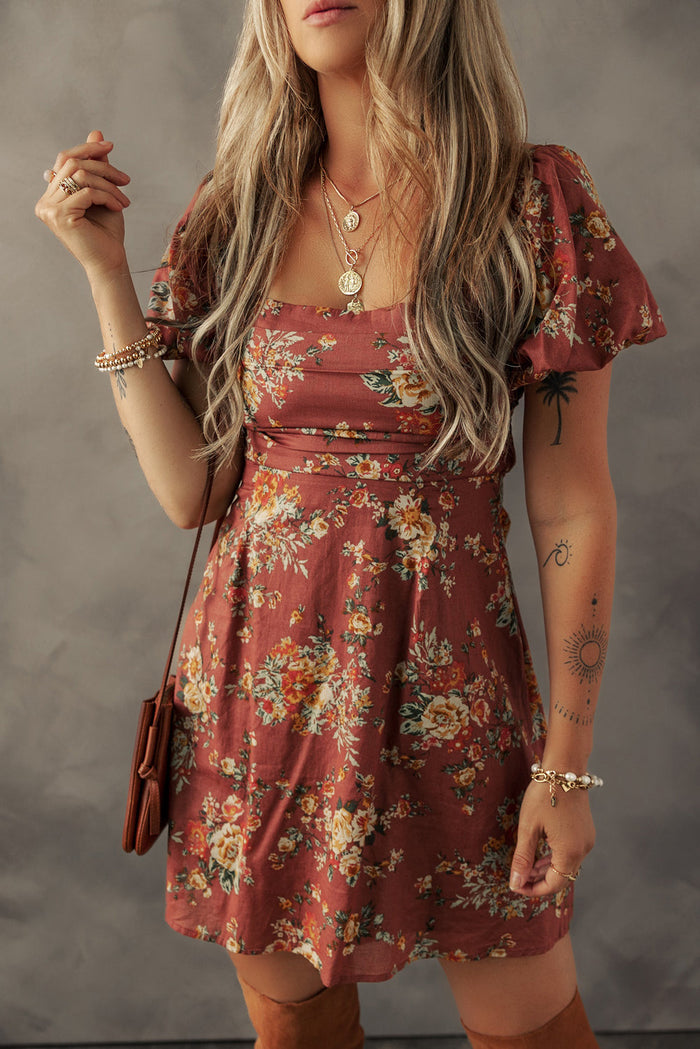 Floral Puff Sleeve Square Neck Knot Open Back Mini Dress - Red / S - Dresses/Mini Dresses