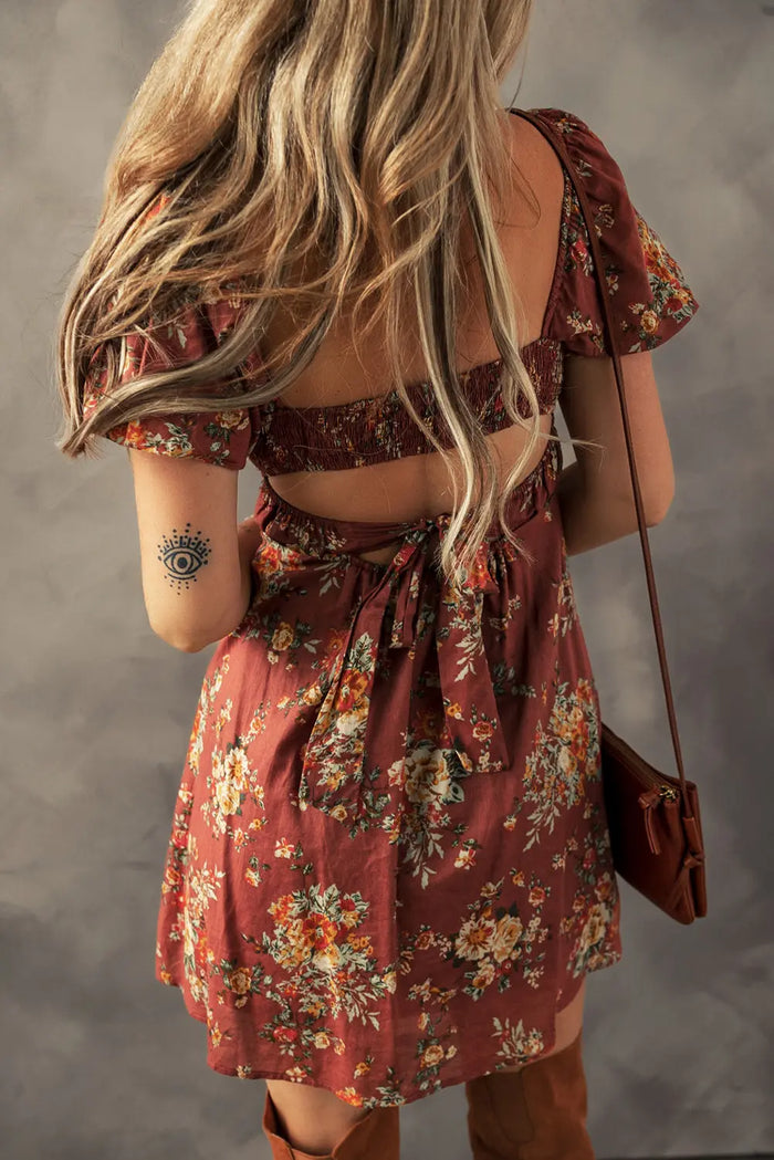 Floral Puff Sleeve Square Neck Knot Open Back Mini Dress - Dresses/Mini Dresses