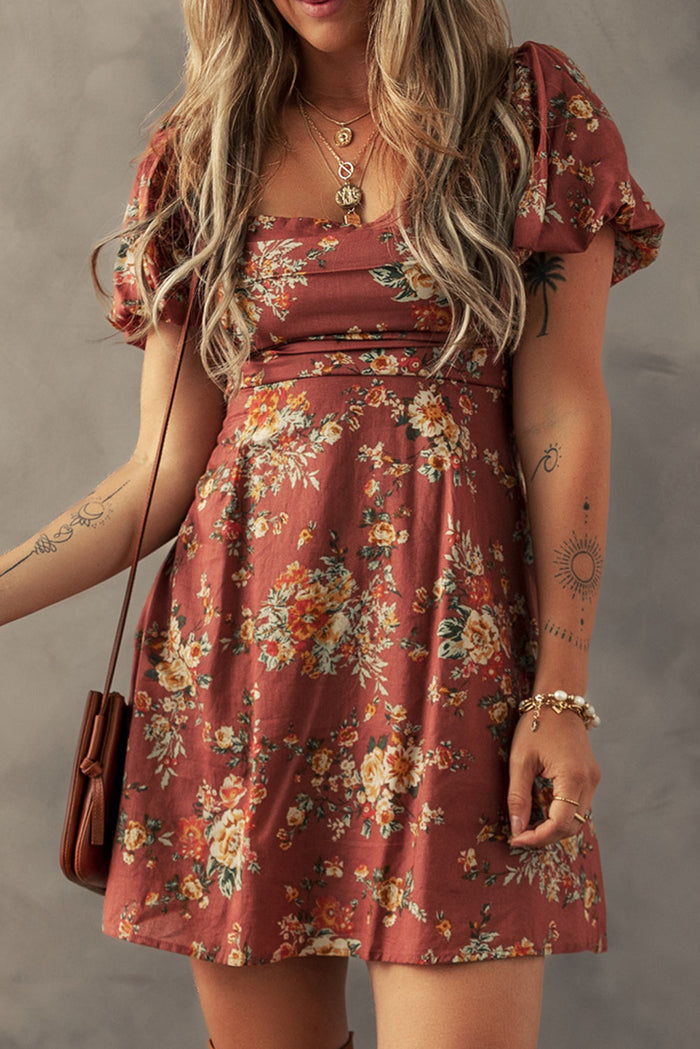 Floral Puff Sleeve Square Neck Knot Open Back Mini Dress - Dresses/Mini Dresses