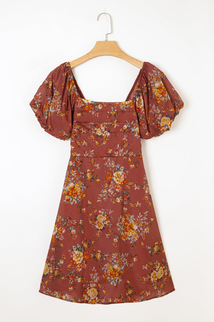 Floral Puff Sleeve Square Neck Knot Open Back Mini Dress - Dresses/Mini Dresses