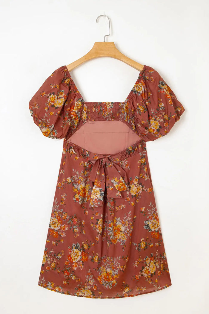 Floral Puff Sleeve Square Neck Knot Open Back Mini Dress - Dresses/Mini Dresses