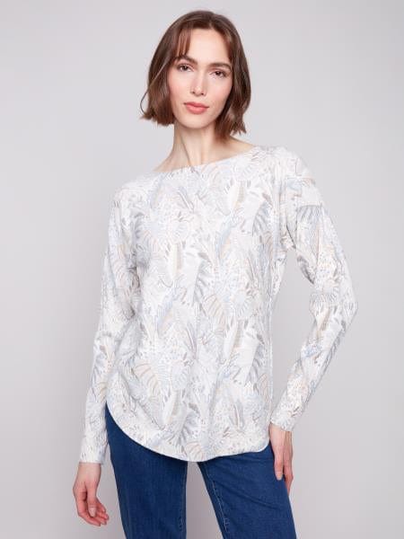 Foliage Print Boat Neck by Charlie B Charlie B SWEATER