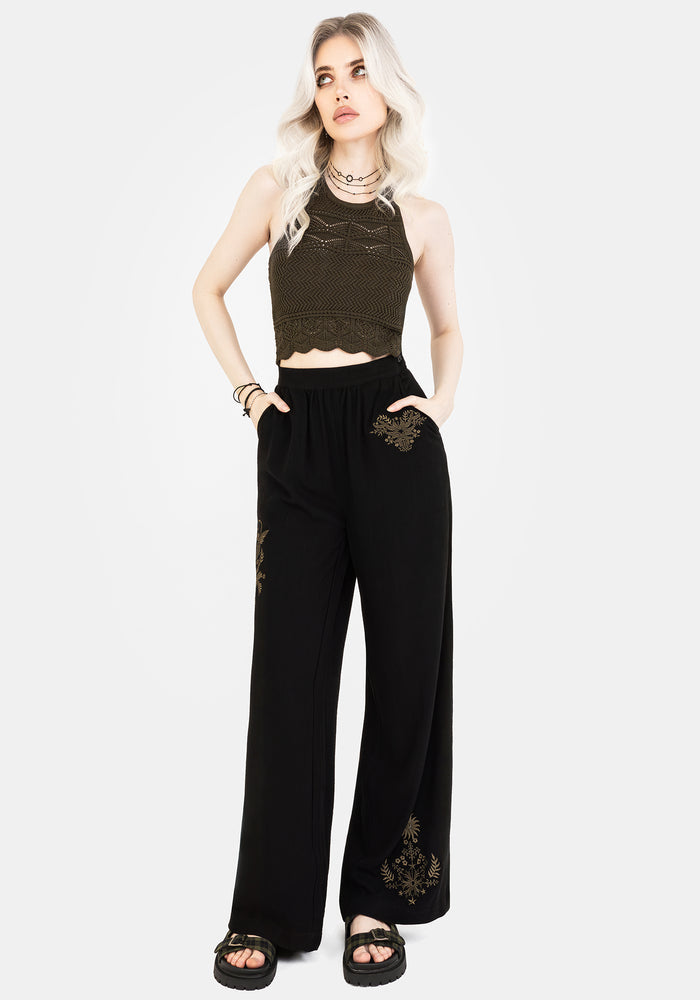 Foliate Linen-Blend Embroidered Wide Leg Trousers - Black