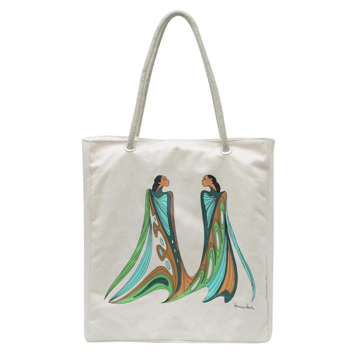 Tote bag with artistic design of two figures in flowing robes on a white background