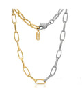 Mixed metal chain necklace with gold and silver links and small pendant tag