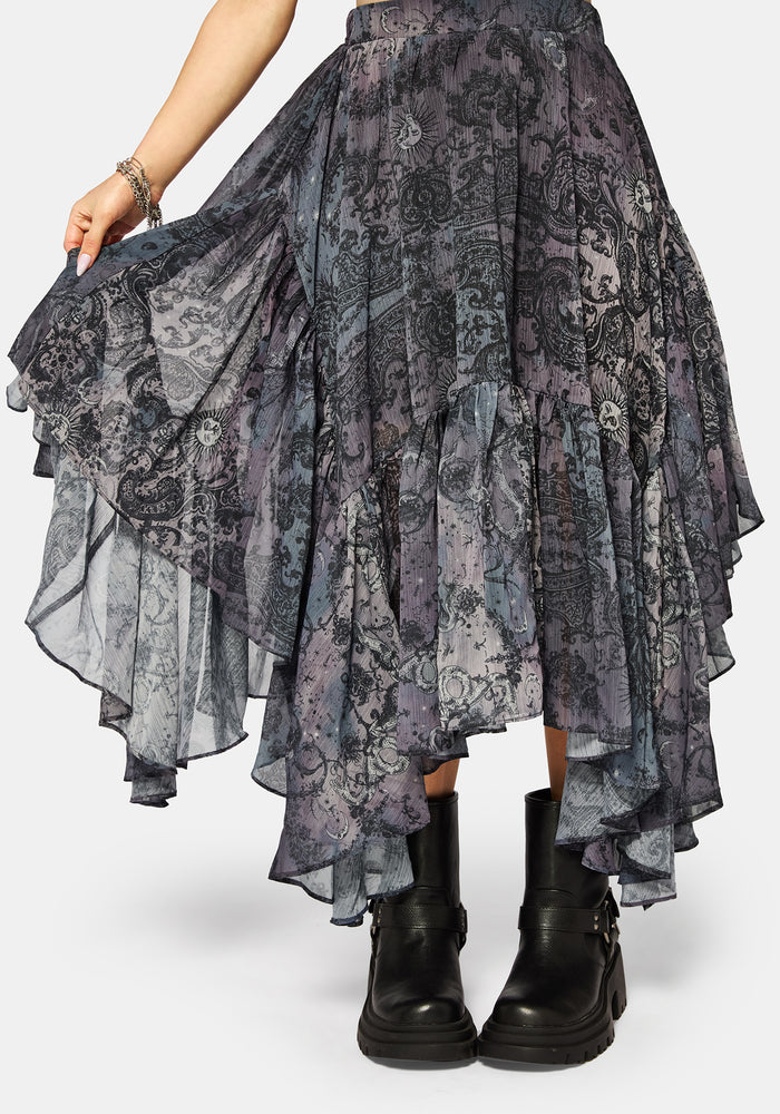 Gaia Celestial Print Chiffon Hanky Hem Skirt