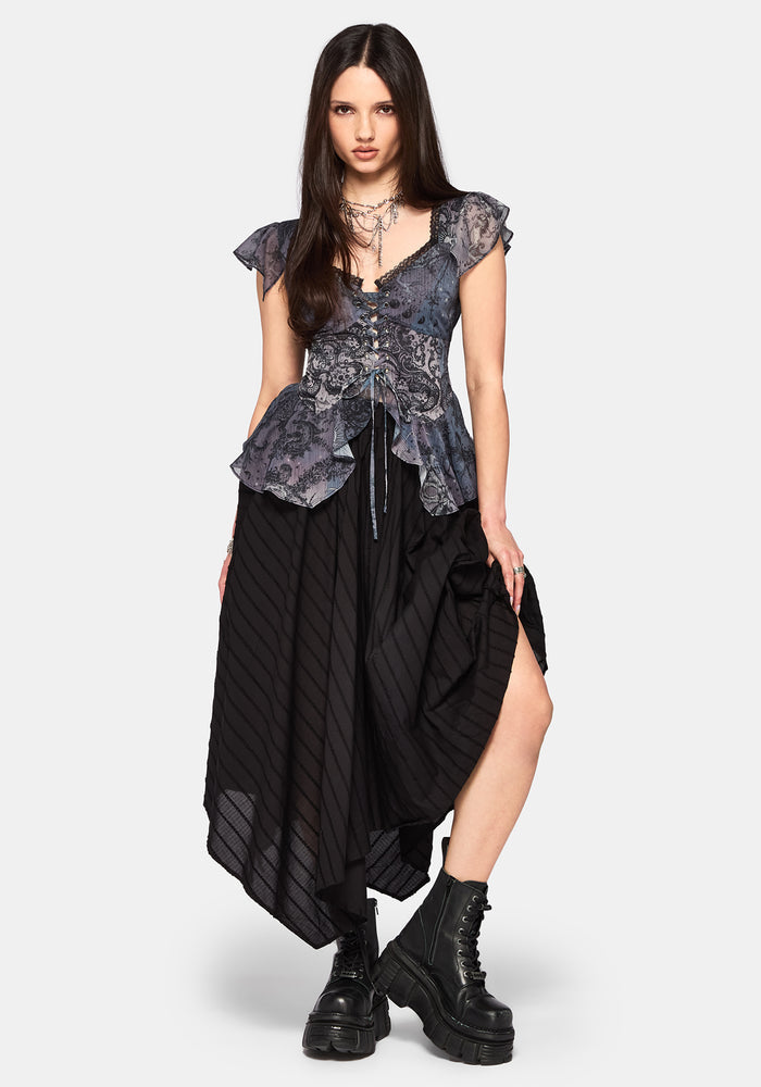 Gaia Celestial Print Chiffon Lace Up Blouse