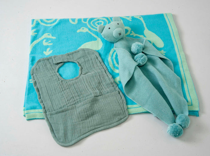 Gift Set of 3 (Blanket with Muslin Bib, Teddy Bear Soft Cuddle) | 100% Organic Cotton