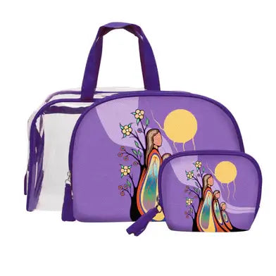 Gifts from Creator Cosmetic Bag Set featuring vibrant designs by Anishinaabe artist Emily Kewageshig.