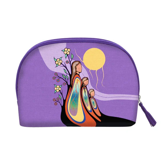 Purple cosmetic bag with artistic design of a woman and flowers on a white background