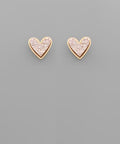 Glitter heart stud earrings with gold-tone trim displayed on a neutral background from The Pink Doxie Boutique.