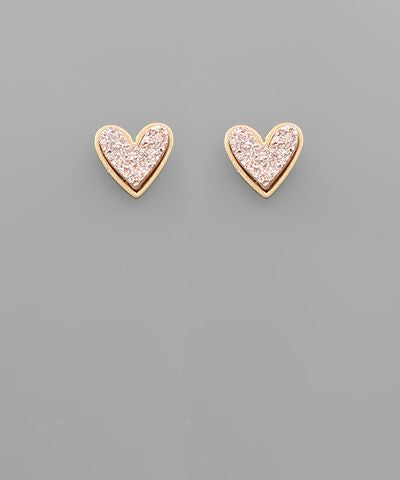 Glitter heart stud earrings with gold-tone trim displayed on a neutral background from The Pink Doxie Boutique.