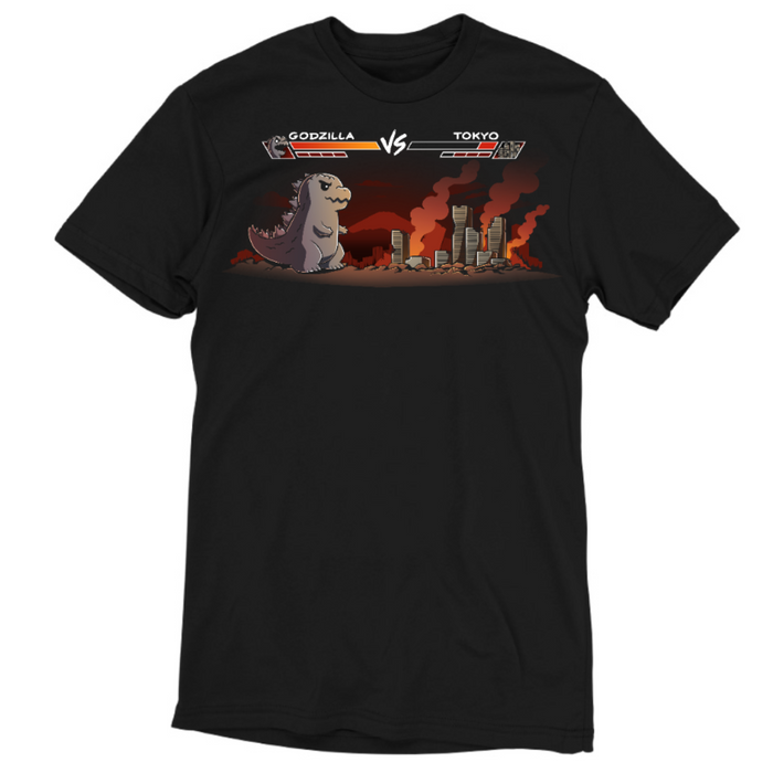 Premium Cotton T-shirt_TeeTurtle black Godzilla Fight Screen Premium Cotton T-shirt featuring a video game start screen showing Godzilla versus Tokyo