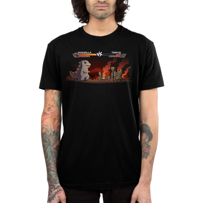 Premium Cotton T-shirt_TeeTurtle black Godzilla Fight Screen Premium Cotton T-shirt featuring a video game start screen showing Godzilla versus Tokyo