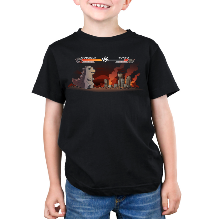 Premium Cotton T-shirt_TeeTurtle black Godzilla Fight Screen Premium Cotton T-shirt featuring a video game start screen showing Godzilla versus Tokyo