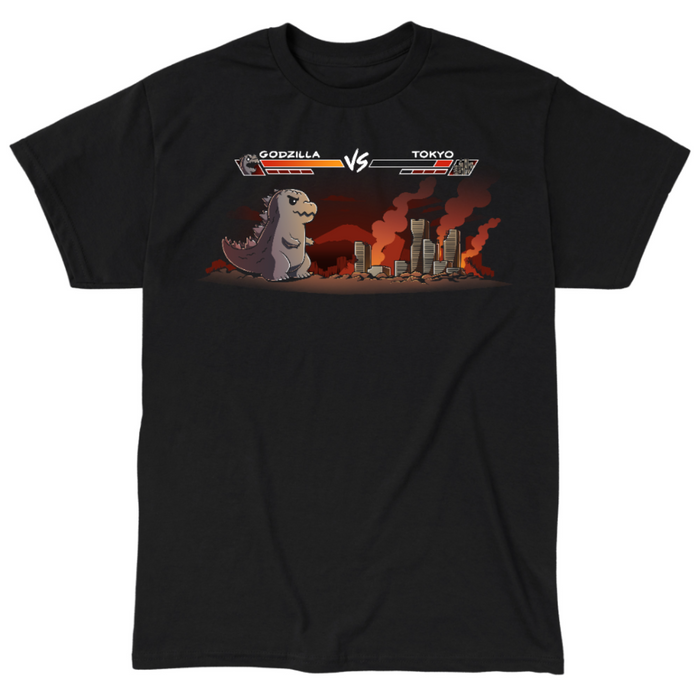 Classic Cotton T-shirt_TeeTurtle black Godzilla Fight Screen Classic Cotton T-shirt featuring a video game start screen showing Godzilla versus Tokyo