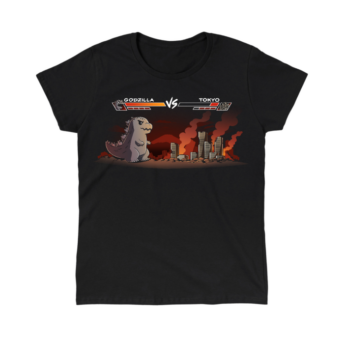 Classic Cotton T-shirt_TeeTurtle black Godzilla Fight Screen Classic Cotton T-shirt featuring a video game start screen showing Godzilla versus Tokyo