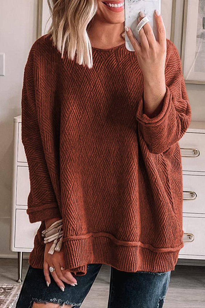 Gold Flame Solid Colour Textured Crew Neck Loose Sweater - GOLD FLAME / S / 55% ACRYLIC + 45% COTTON - Sweaters &