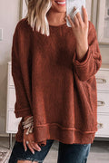 Gold Flame Solid Colour Textured Crew Neck Loose Sweater - GOLD FLAME / S / 55% ACRYLIC + 45% COTTON - Sweaters &
