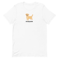 The Sassy Woof Golden Mom Tee is a white unisex dog shirt with a golden retriever illustration and bold "GOLDEN MOM" text—perfect for Golden Retriever fans.