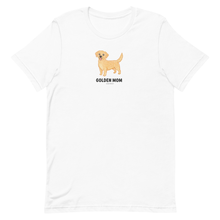 The Sassy Woof Golden Mom Tee is a white unisex dog shirt with a golden retriever illustration and bold "GOLDEN MOM" text—perfect for Golden Retriever fans.