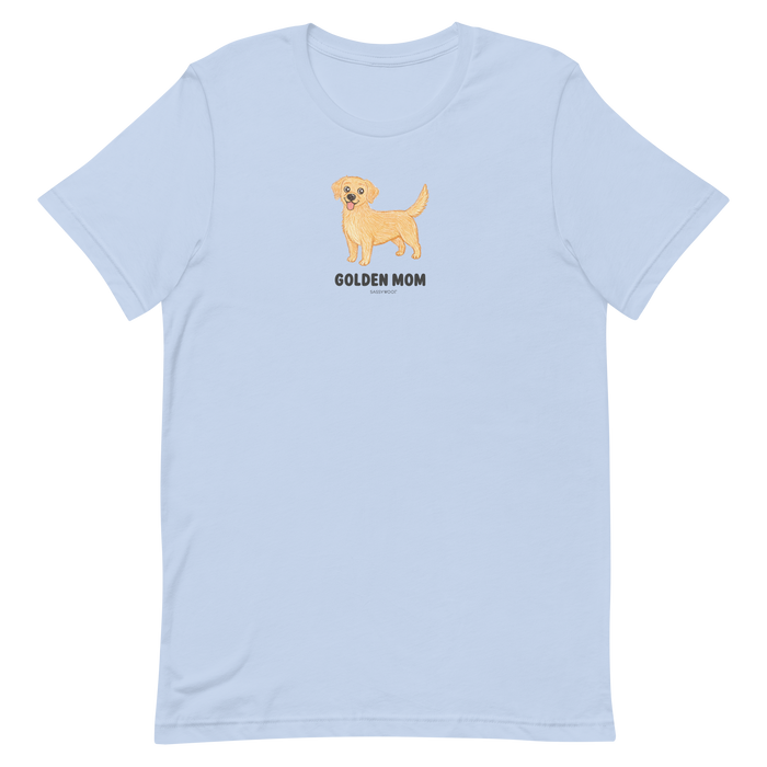 The Golden Mom Tee by Sassy Woof is a light blue unisex shirt featuring a cartoon golden retriever above bold text—perfect for any proud golden retriever dog mom.