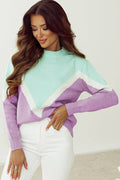 Green Chevron Colourblock Ribbed Knit Drop Shoulder Sweater - GREEN / S / 42% ACRYLIC + 30% POLYESTER + 28% POLYAMIDE