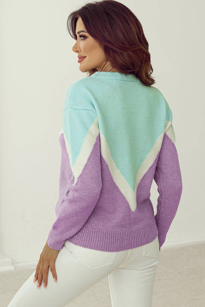 Green Chevron Colourblock Ribbed Knit Drop Shoulder Sweater - Sweaters & Cardigans/Sweaters