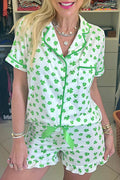 Green Clover Printed Short Sleeve and Ruffled Shorts Pyjama Set - S / 95% Polyester + 5% Elastane - Loungewear &
