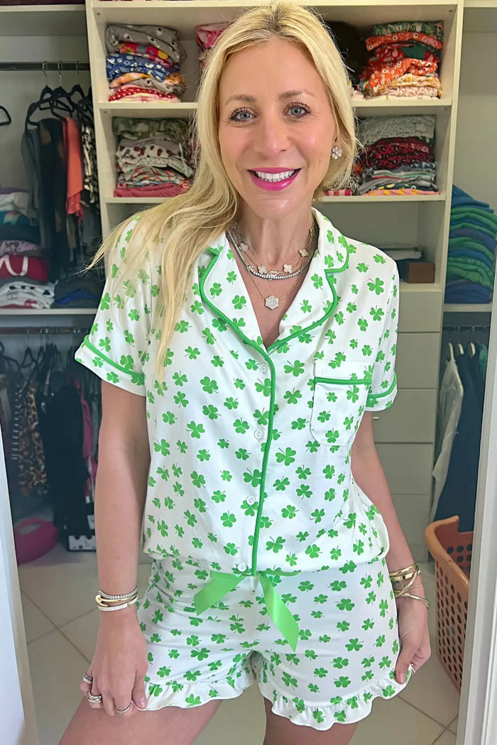 Green Clover Printed Short Sleeve and Ruffled Shorts Pyjama Set - Loungewear & Sleepwear/Pyjama