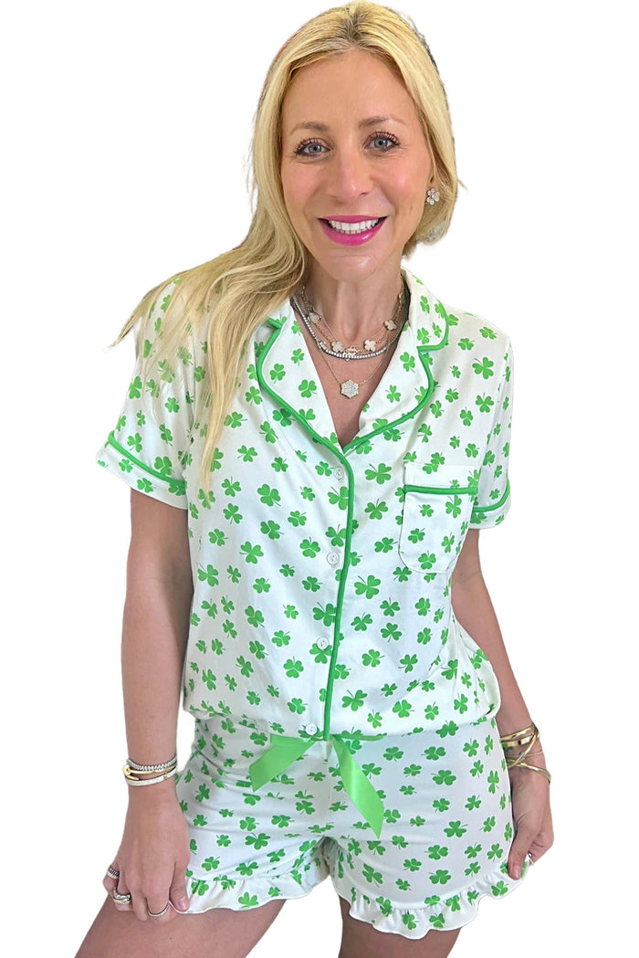 Green Clover Printed Short Sleeve and Ruffled Shorts Pyjama Set - Loungewear & Sleepwear/Pyjama