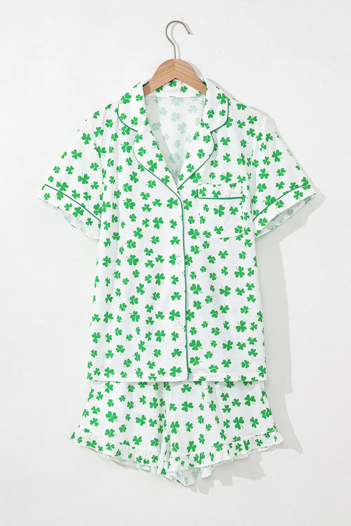 Green Clover Printed Short Sleeve and Ruffled Shorts Pyjama Set - Loungewear & Sleepwear/Pyjama