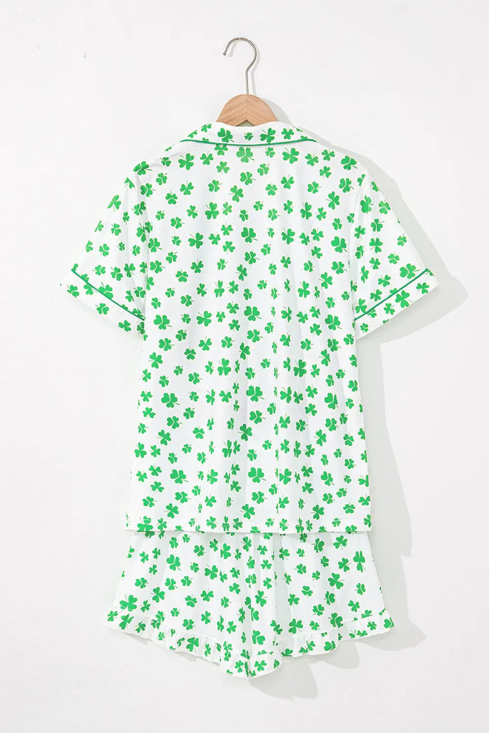 Green Clover Printed Short Sleeve and Ruffled Shorts Pyjama Set - Loungewear & Sleepwear/Pyjama