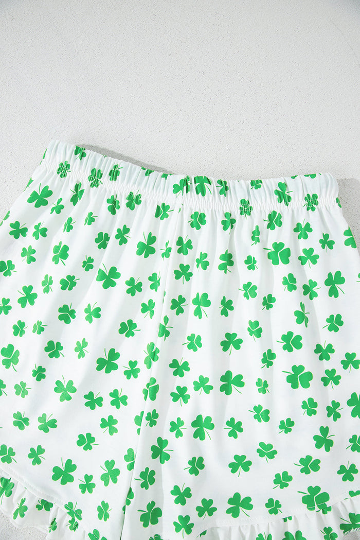 Green Clover Printed Short Sleeve and Ruffled Shorts Pyjama Set - Loungewear & Sleepwear/Pyjama