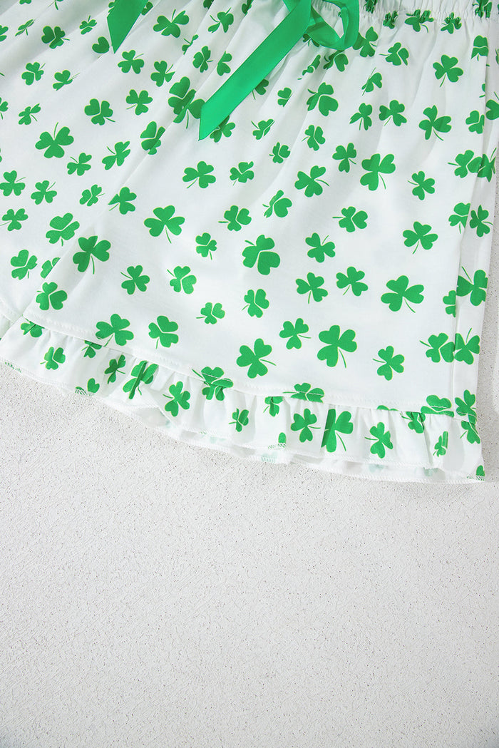 Green Clover Printed Short Sleeve and Ruffled Shorts Pyjama Set - Loungewear & Sleepwear/Pyjama