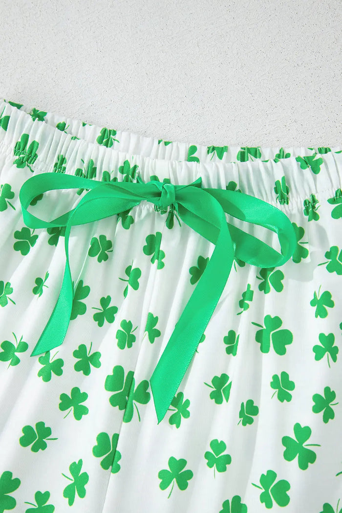 Green Clover Printed Short Sleeve and Ruffled Shorts Pyjama Set - Loungewear & Sleepwear/Pyjama