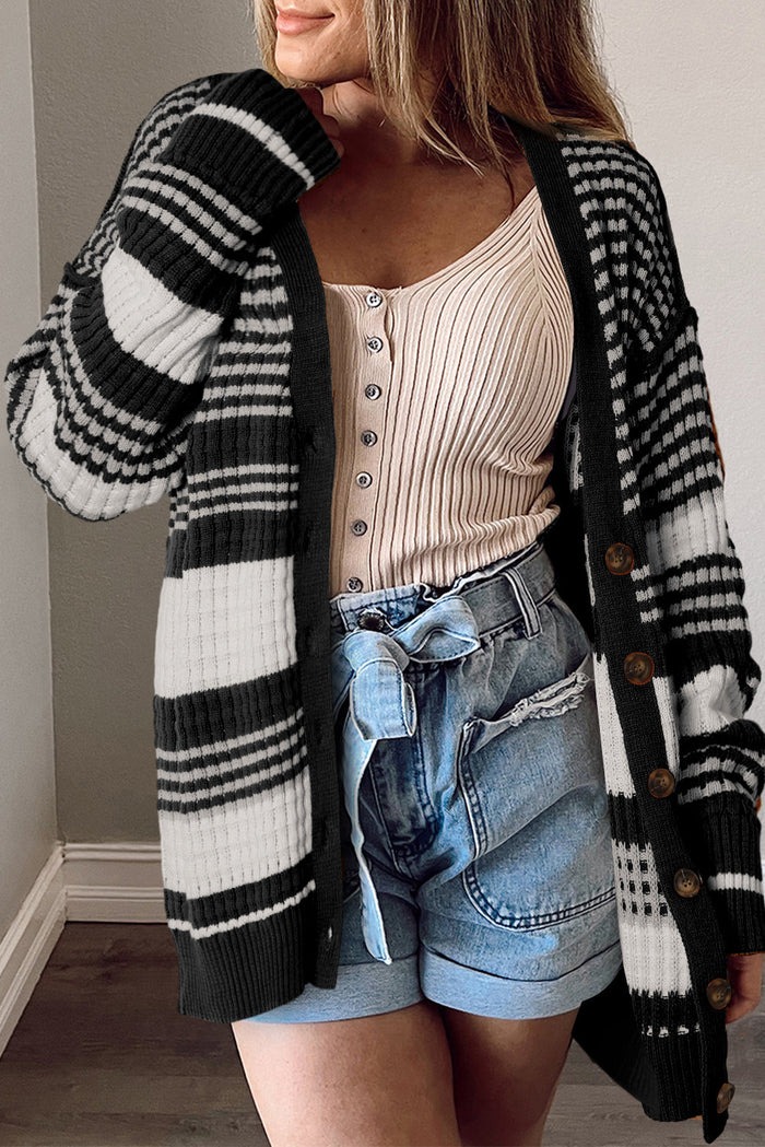 Green Colourblock Textured Knit Buttoned Cardigan - BLACK / S / 60% COTTON + 40% ACRYLIC - Sweaters &