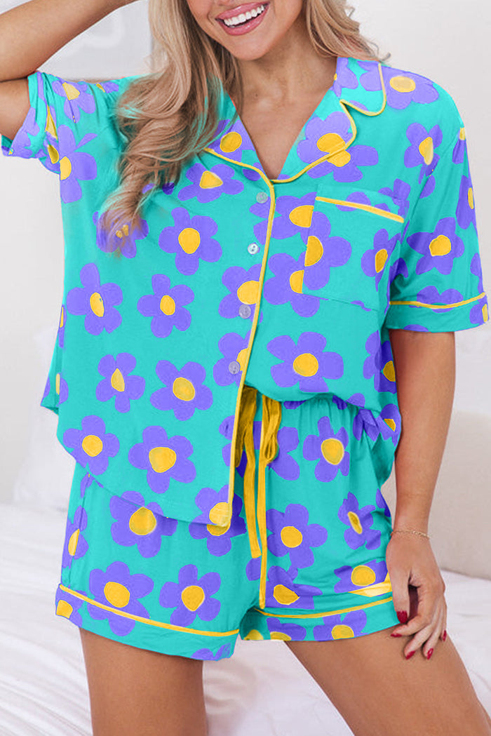 Green Flower Print Short Sleeve Shirt Pyjamas Set - GREEN / S / 95% POLYESTER + 5% ELASTANE - Loungewear &