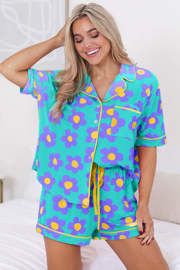 Green Flower Print Short Sleeve Shirt Pyjamas Set - Loungewear & Sleepwear/Pyjama Shorts