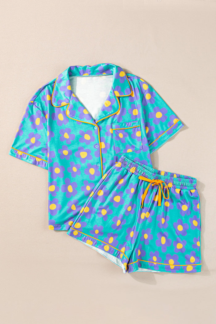 Green Flower Print Short Sleeve Shirt Pyjamas Set - Loungewear & Sleepwear/Pyjama Shorts