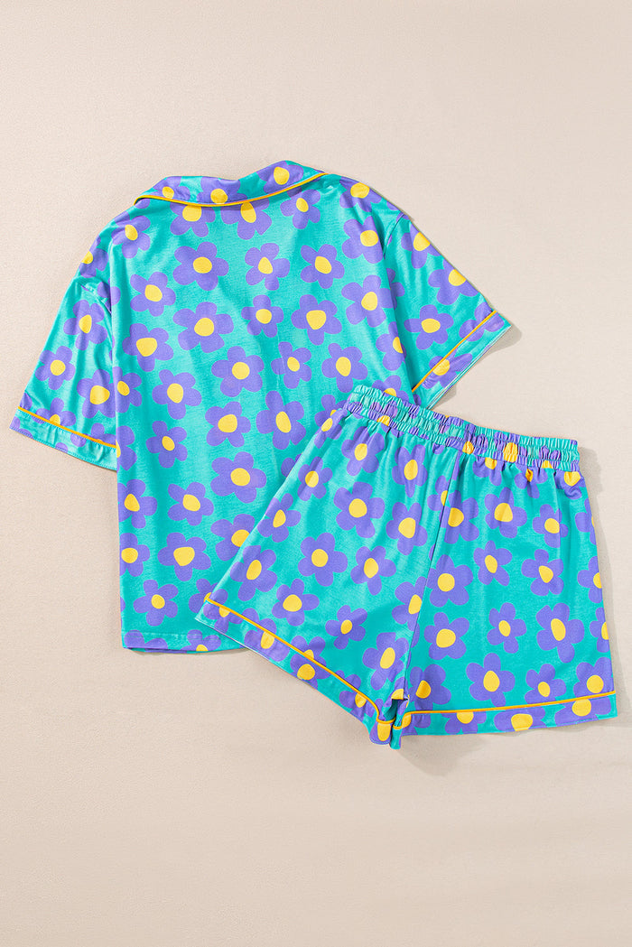 Green Flower Print Short Sleeve Shirt Pyjamas Set - Loungewear & Sleepwear/Pyjama Shorts