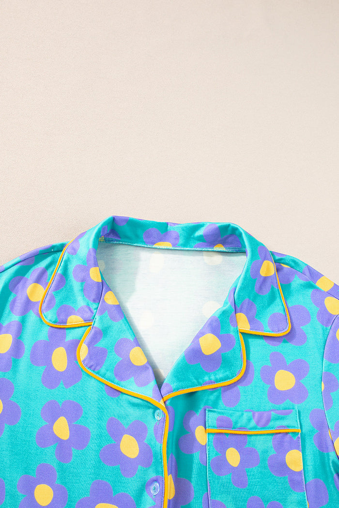 Green Flower Print Short Sleeve Shirt Pyjamas Set - Loungewear & Sleepwear/Pyjama Shorts