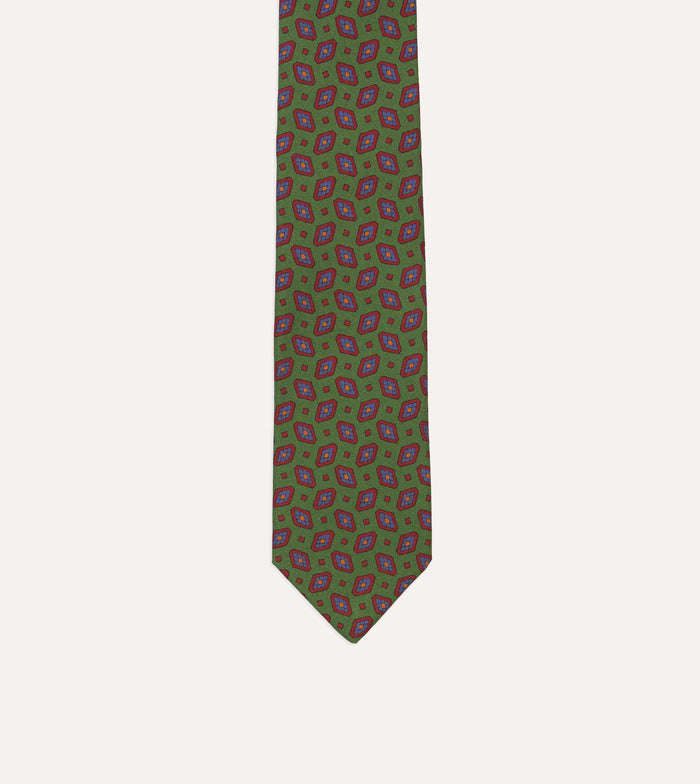 Green Medallion Print Madder Silk Self-Tipped Tie