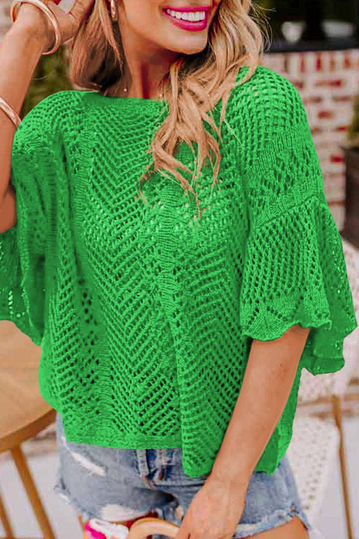Green Pointelle Knit Scallop Edge Short Sleeve Top - GREEN / S / 100% ACRYLIC - Sweaters & Cardigans/Short
