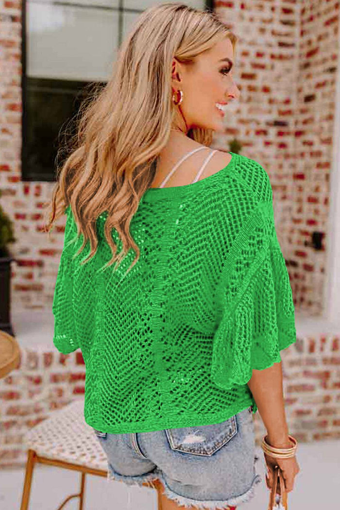 Green Pointelle Knit Scallop Edge Short Sleeve Top - Sweaters & Cardigans/Short