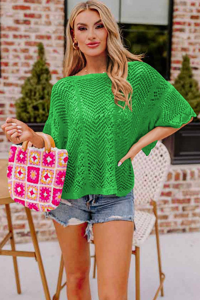 Green Pointelle Knit Scallop Edge Short Sleeve Top - Sweaters & Cardigans/Short