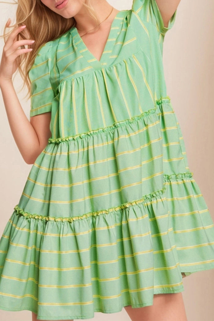 Green Stripe V-Neck Short Sleeve Frilled Detail A-line Dress - S / 100% Polyester - Dresses/Mini Dresses