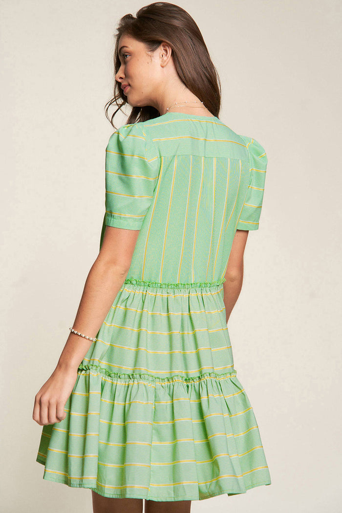 Green Stripe V-Neck Short Sleeve Frilled Detail A-line Dress - Dresses/Mini Dresses
